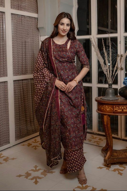 Plum Angrakha Straight Cotton Suit Set