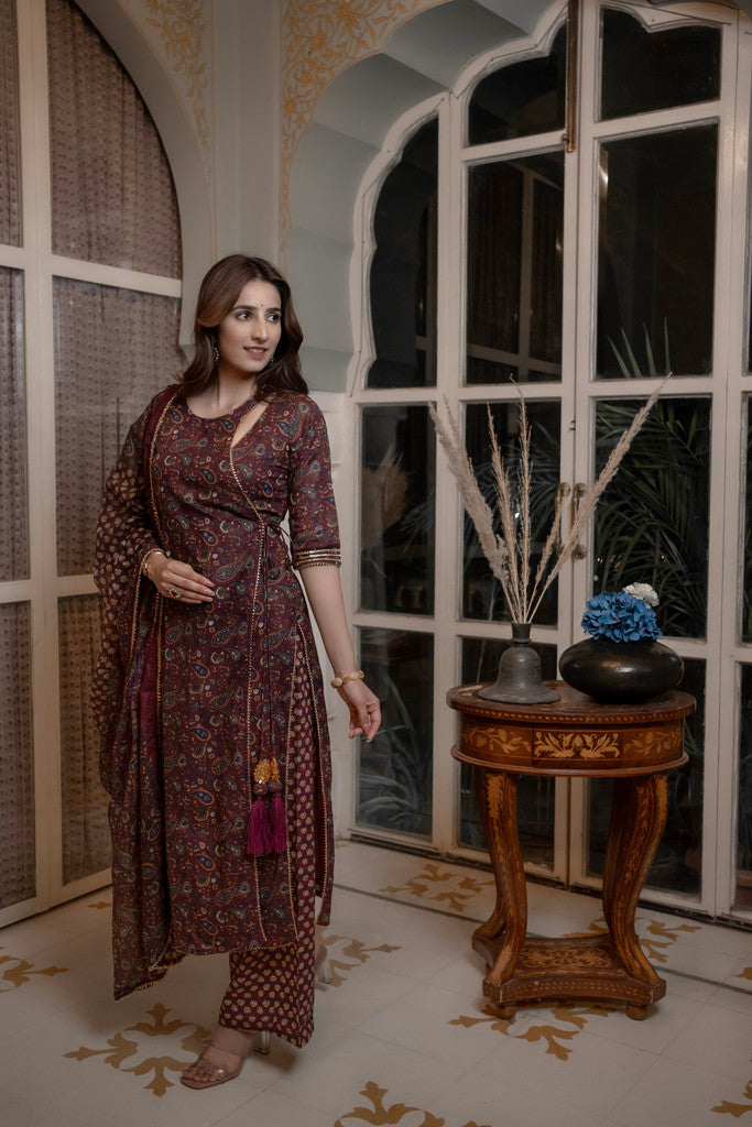 Plum Angrakha Straight Cotton Suit Set