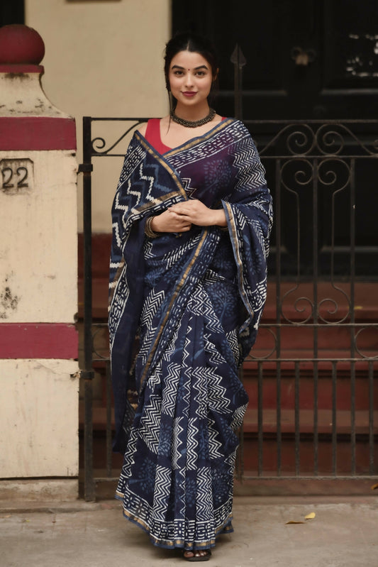 Indigo Waves - Hand Block Print Chanderi Silk Bagru Saree