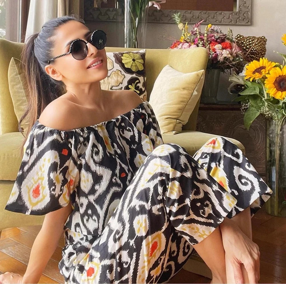 Charcoal Black Ikat Crop Top Pants Set