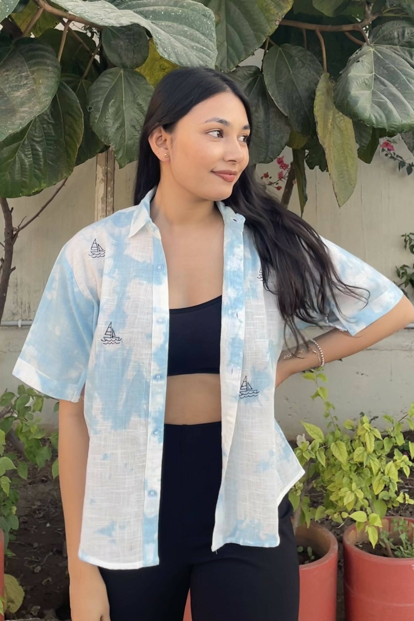 Cotton Ship / Bird Motif Printed Shirt