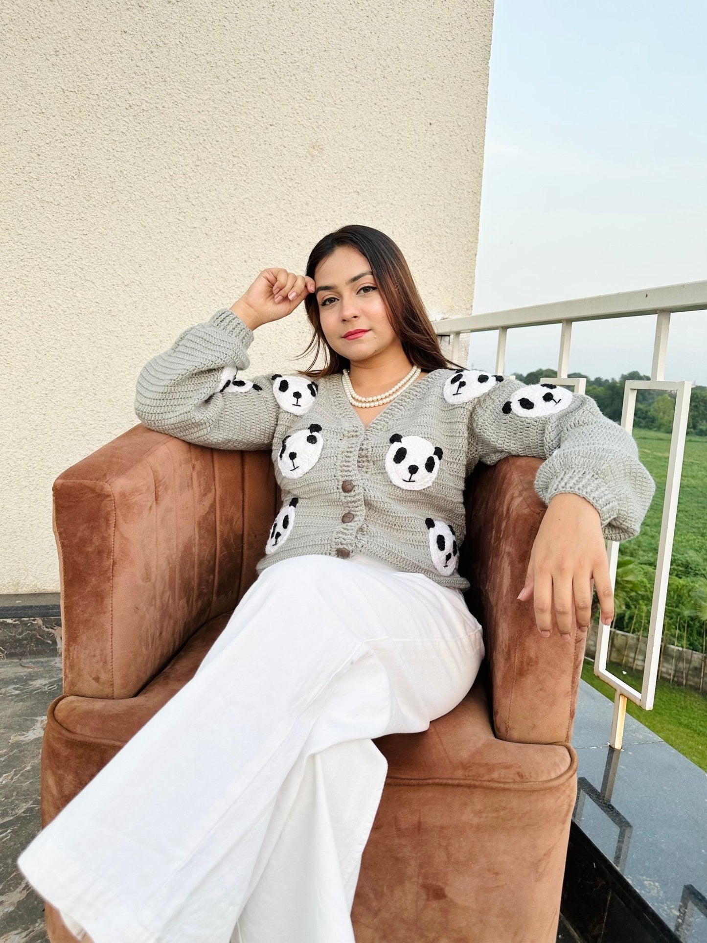 Grey Panda Crochet Sweater