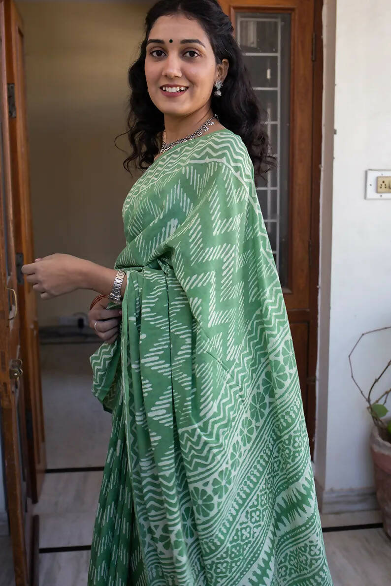 Strangers in Bangalore - Light Green Dabu Block Print Saree