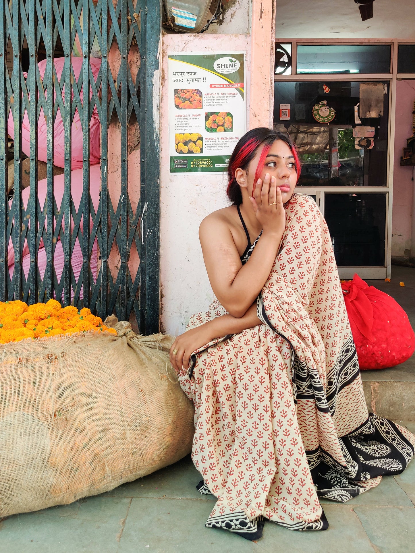 Red Desert - Hand Block Print Mulmul Cotton Bagru Saree