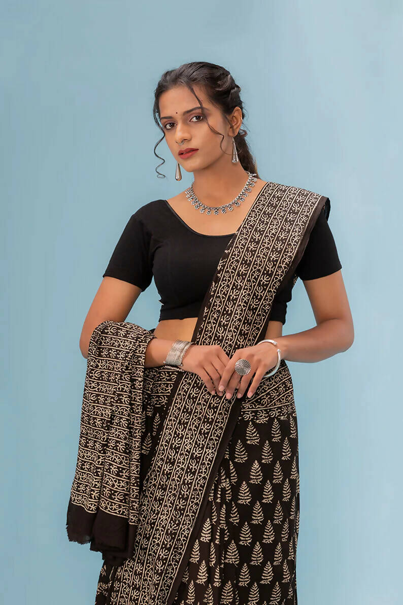 Roheen Black - Hand Block Print Natural Dyed Saree