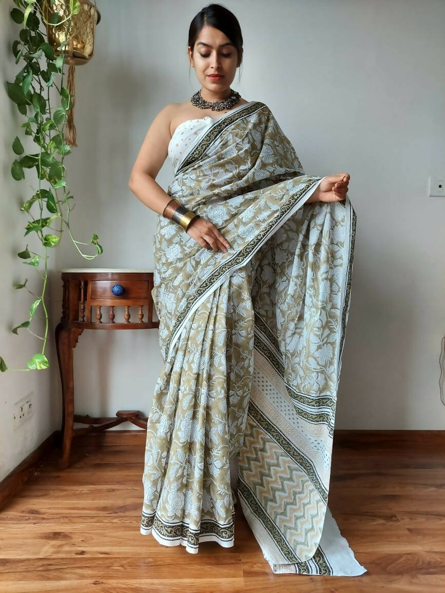 Honeybee Green Mul Cotton Hand Block Printed Saree