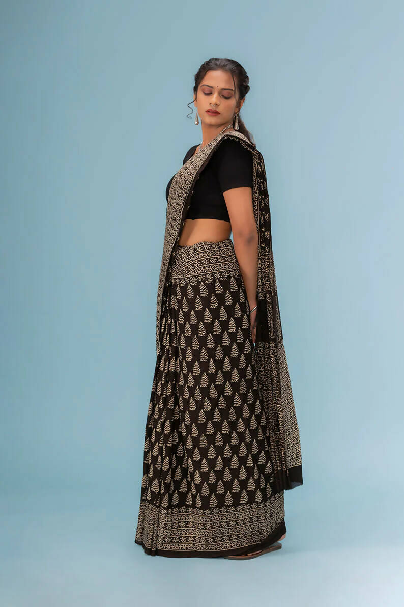 Roheen Black - Hand Block Print Natural Dyed Saree