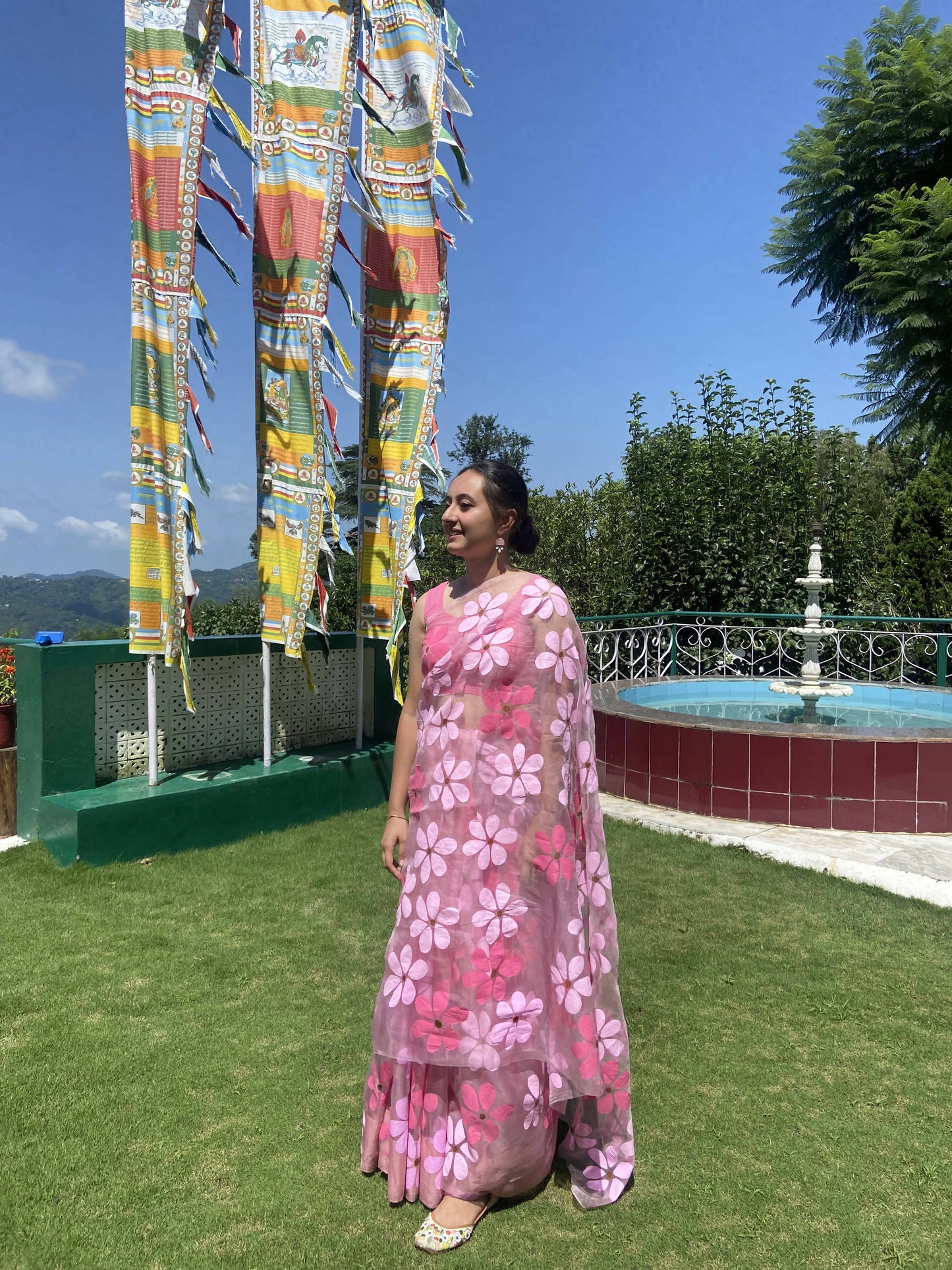 Riko- Pink Handpainted Organza Saree