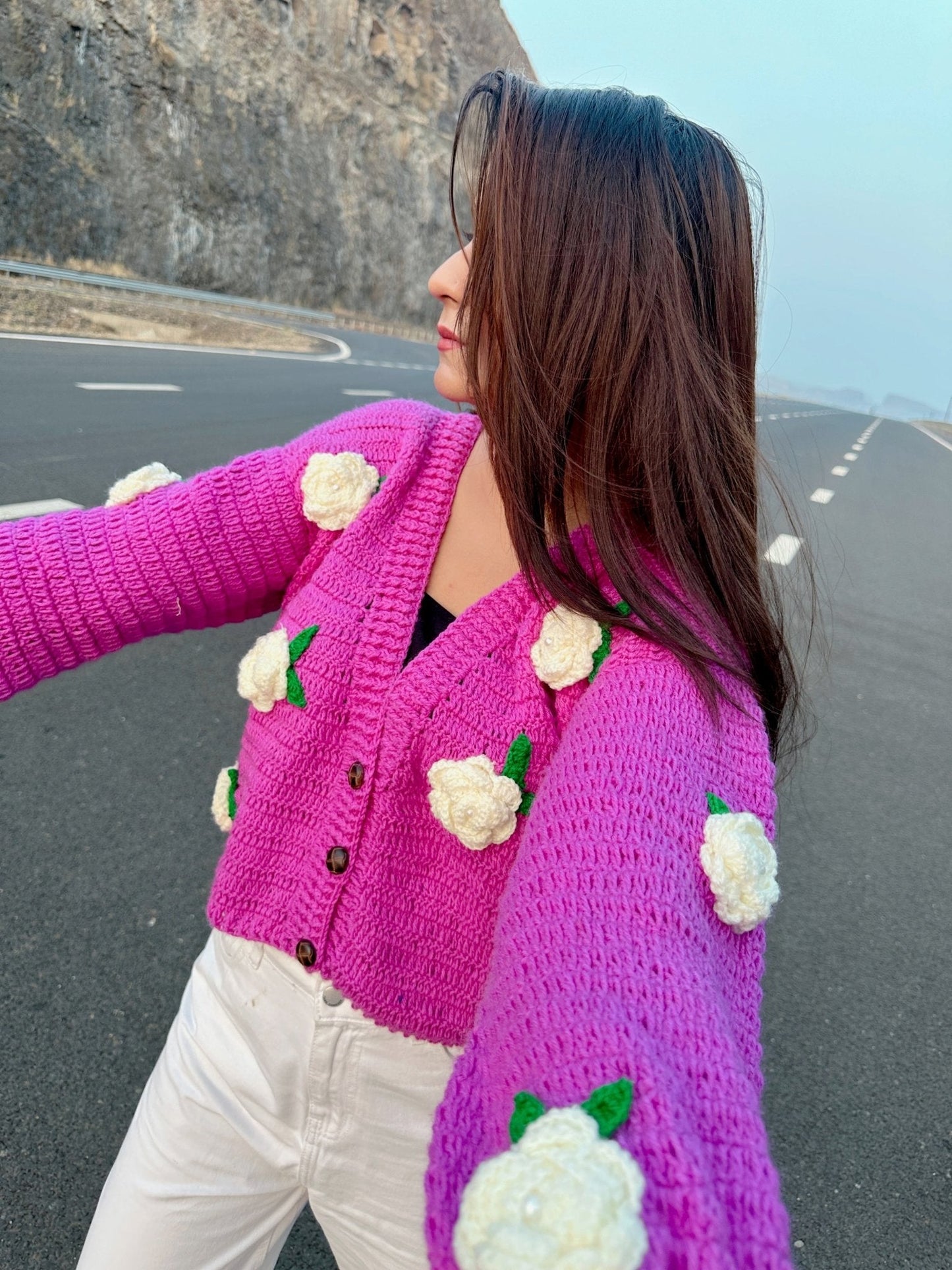 Voilet White Rose Crochet Sweater