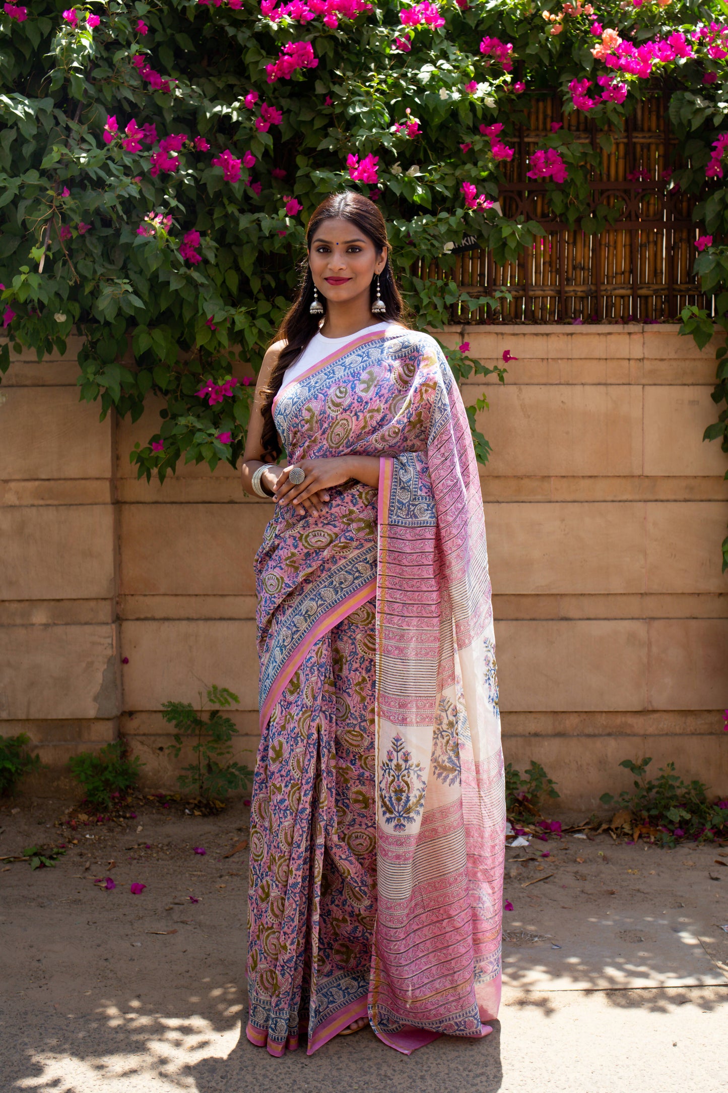 Bluebells - Pink Hand Block Print Chanderi Silk Saree