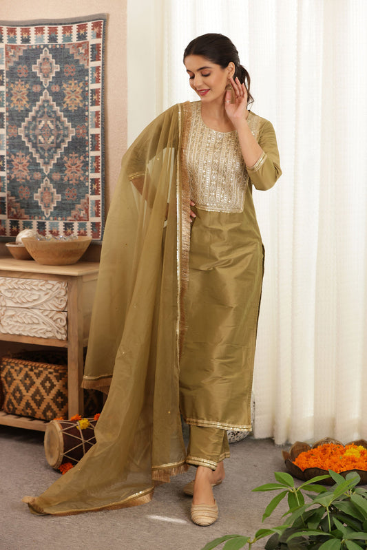 Green Silk Straight Suit Set