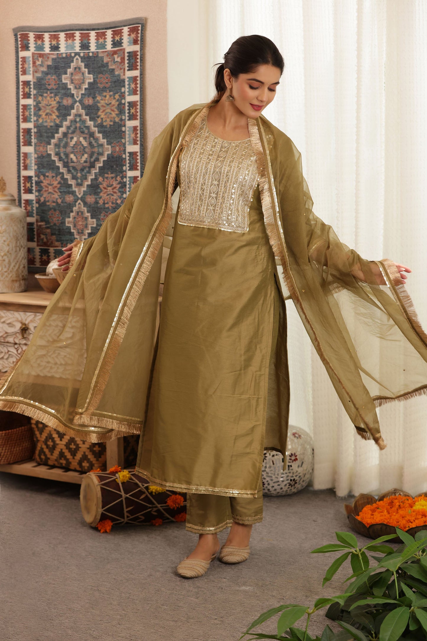 Green Silk Straight Suit Set