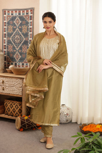 Green Silk Straight Suit Set