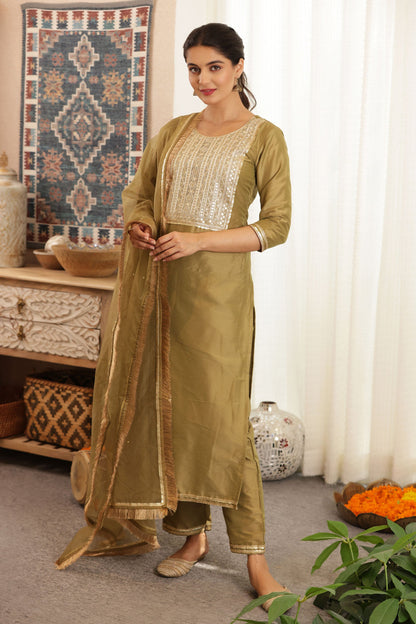 Green Silk Straight Suit Set