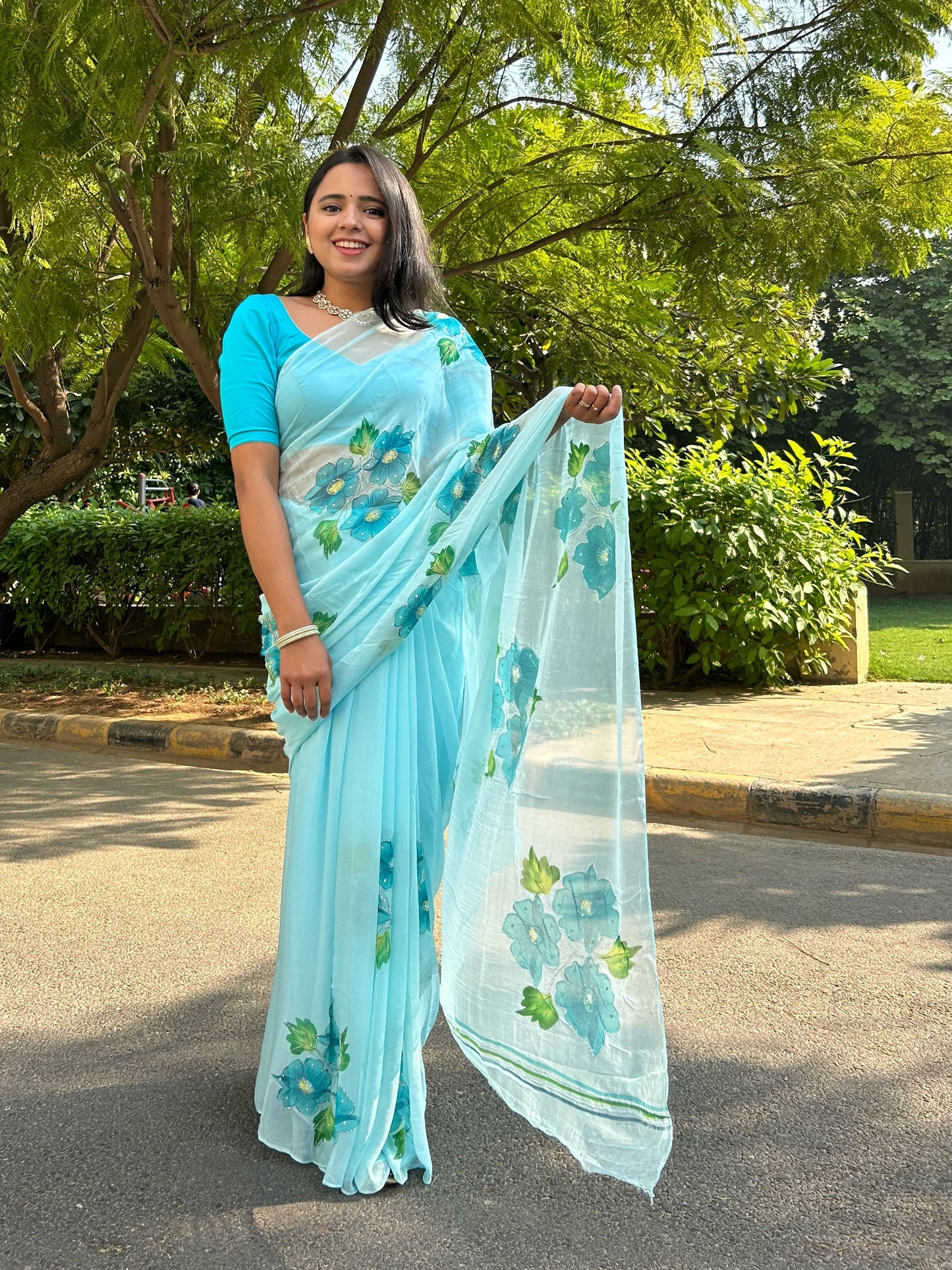 Gudhal ka Phool Handpainted Chiffon Saree