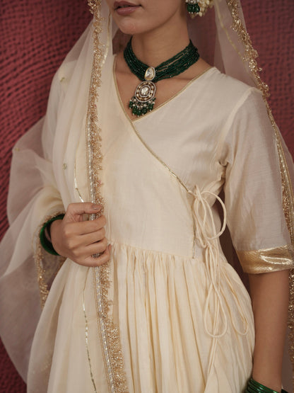 Chaand Off White Chanderi Angrakha Zariwork Suit Set