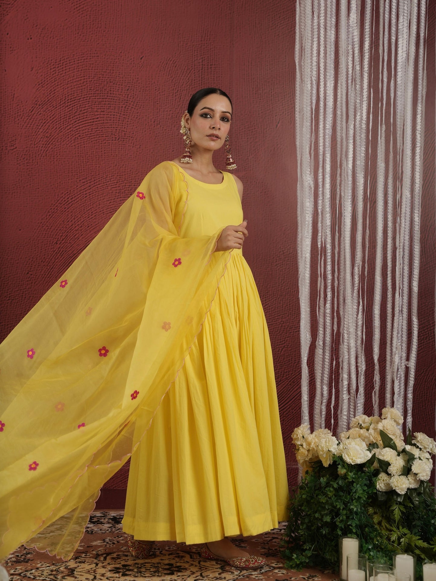 Chaand Hand Dyed Yellow Cotton Anarkali Set with Aari Embroidered Dupatta