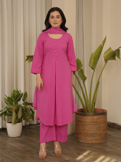 Solid Cotton Suit Set with Handmade Tassels