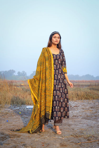 Yellow Ajrakh Chanderi Silk Dupatta with mirror work