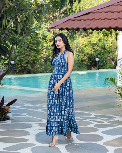 Indigo Handblock Print Long Halter Dress