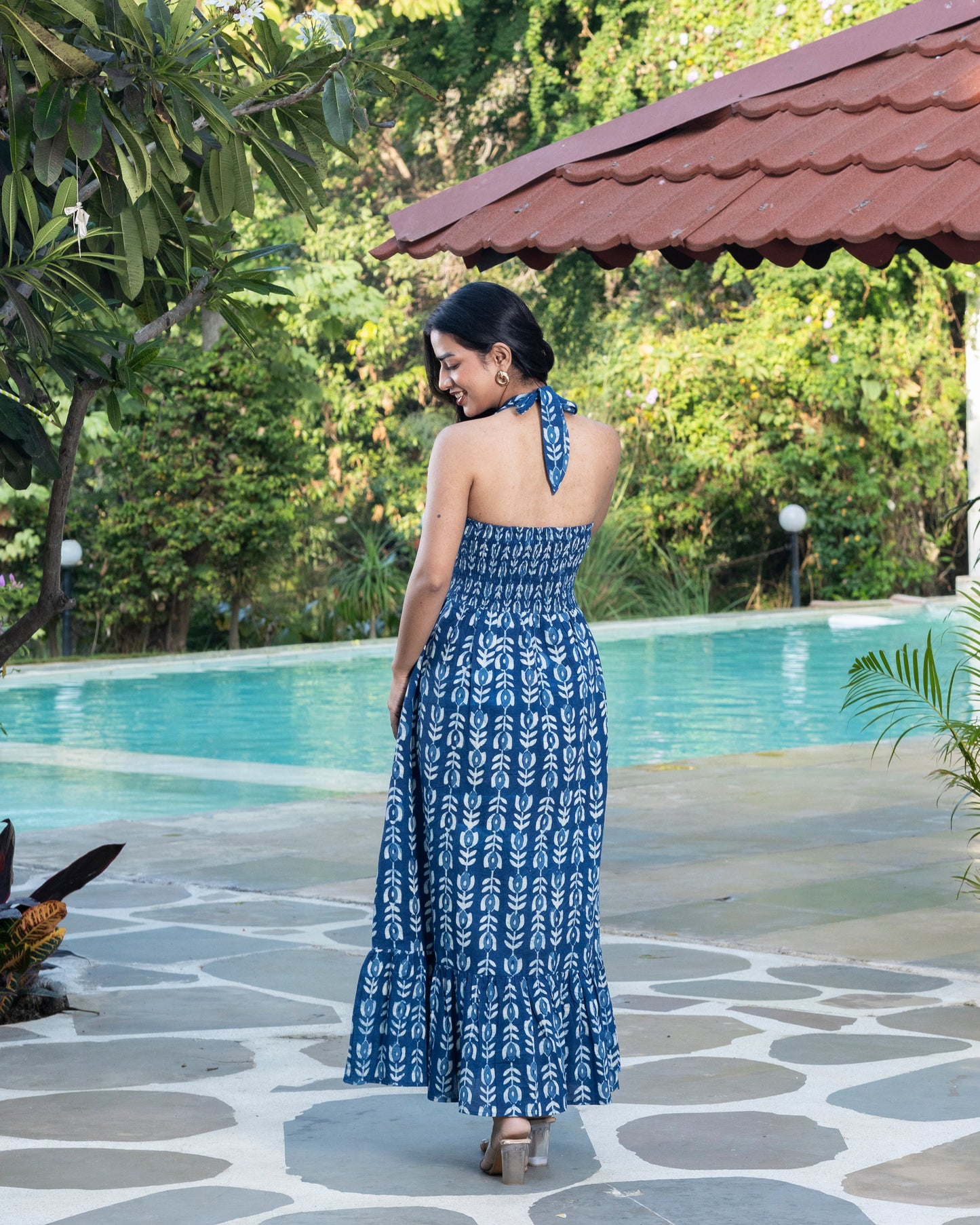 Indigo Handblock Print Long Halter Dress