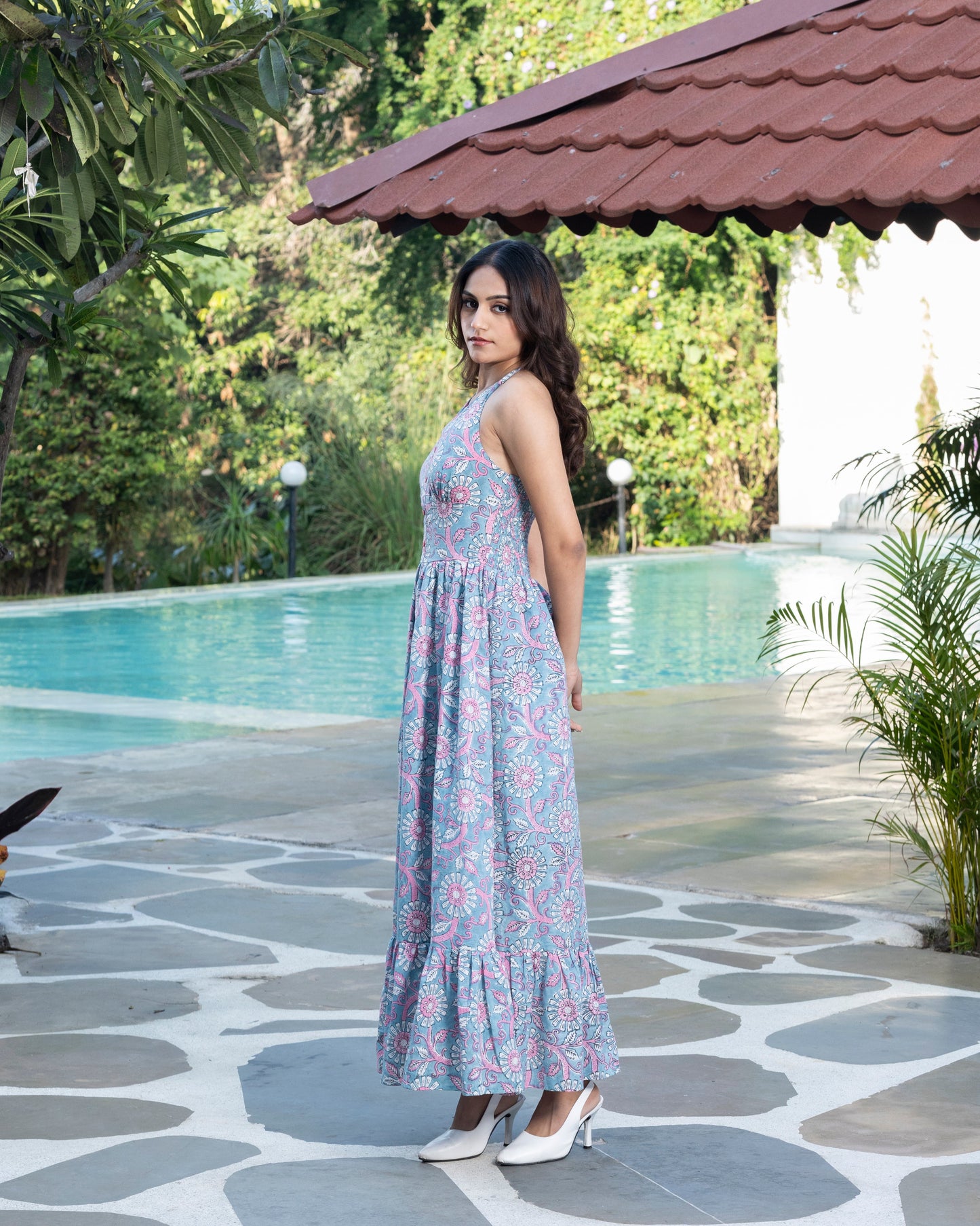 Light Blue Handblock Print Long Halter Dress