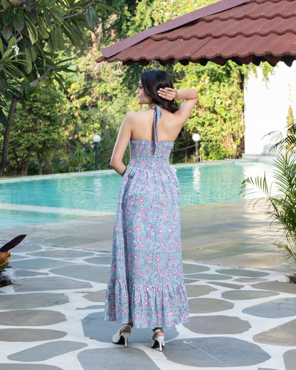 Light Blue Handblock Print Long Halter Dress