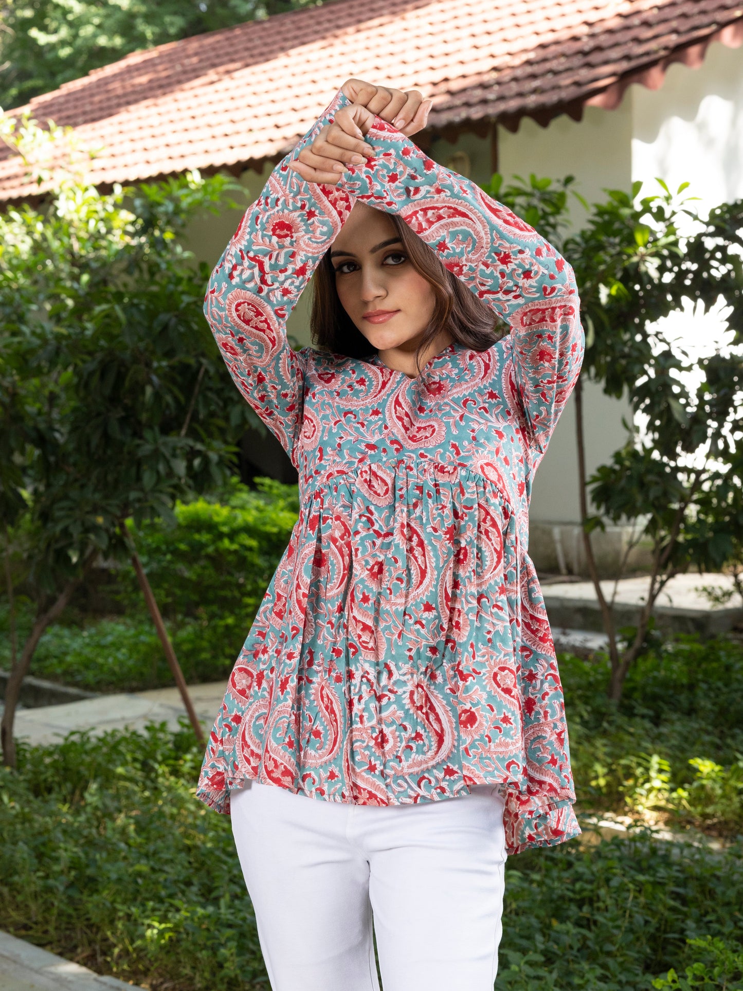 Red Handblock Printed Short Kurti