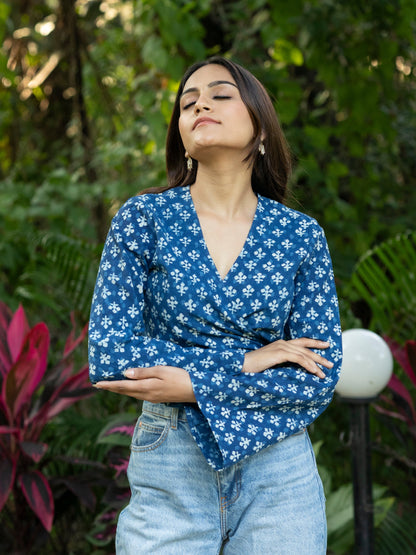 Indigo Handblock Print Wrap Top