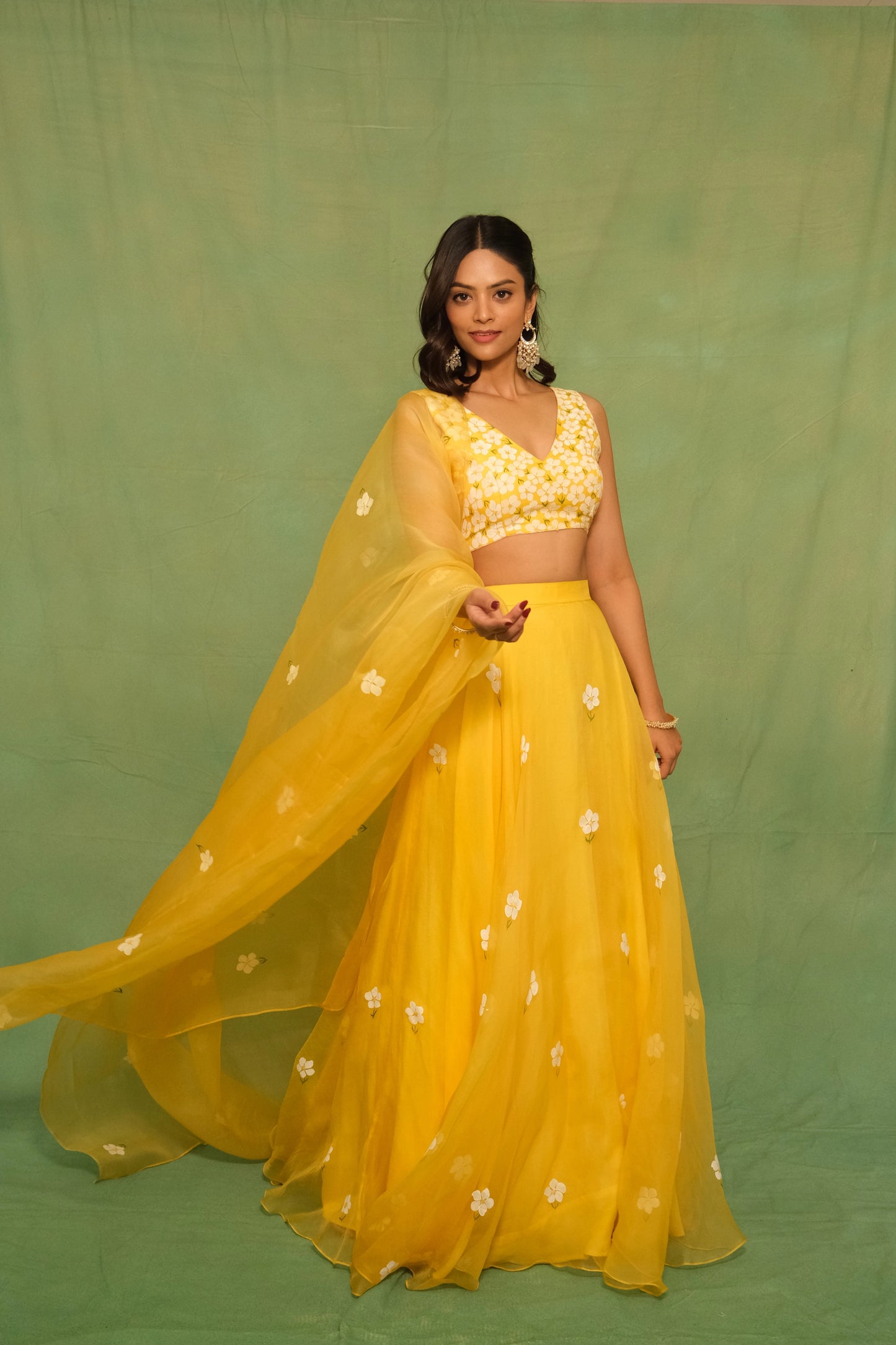 Yellow Mogra Handpainted Lehenga