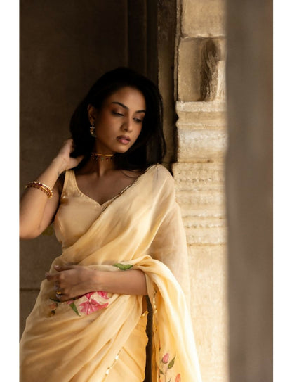 Veera Yellow Organza Handpainted Saree