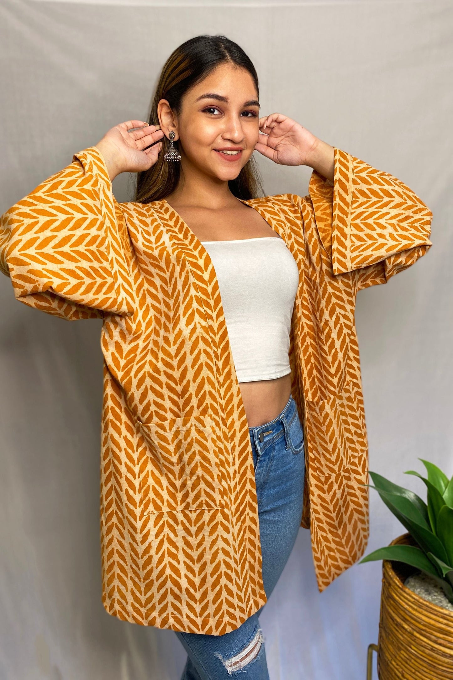 Mustard Pure Cotton Free Size Hand-Printed Shrug