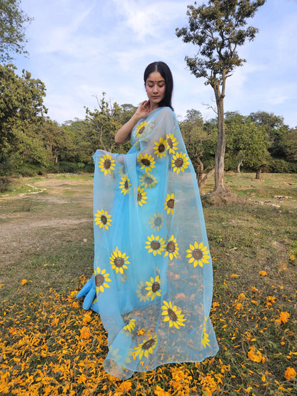 Himawari Organza Handpainted Sunflower Blue Saree