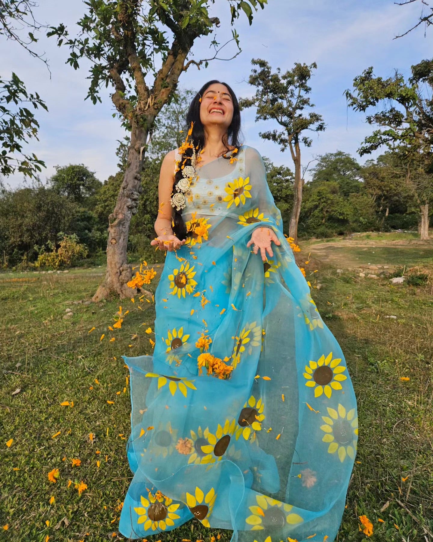 Himawari Organza Handpainted Sunflower Blue Saree