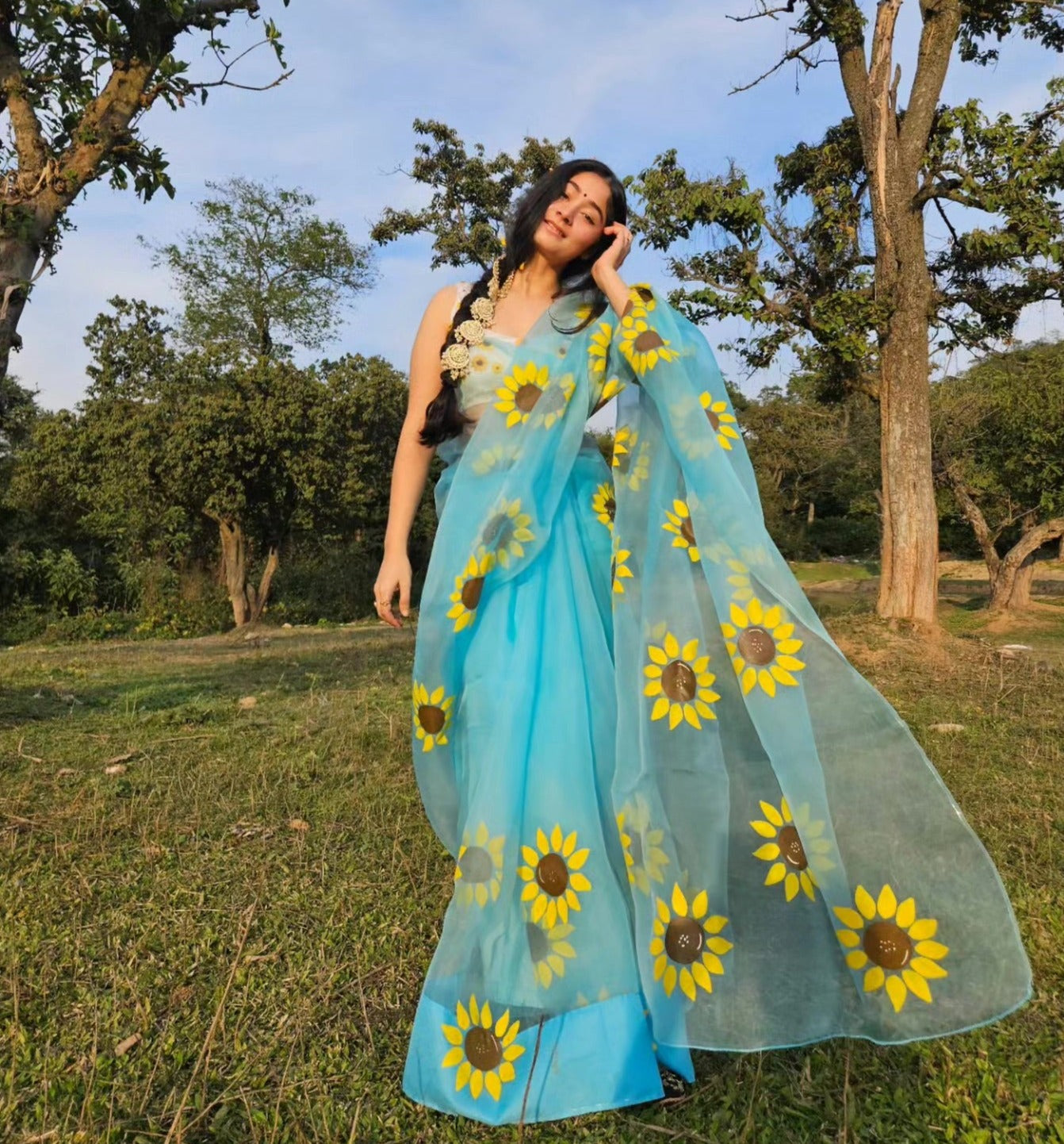 Himawari Organza Handpainted Blue Saree