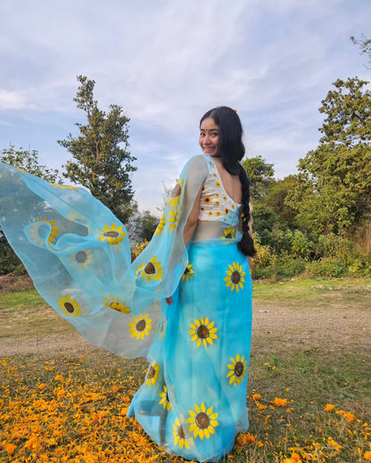 Himawari Organza Handpainted Sunflower Blue Saree