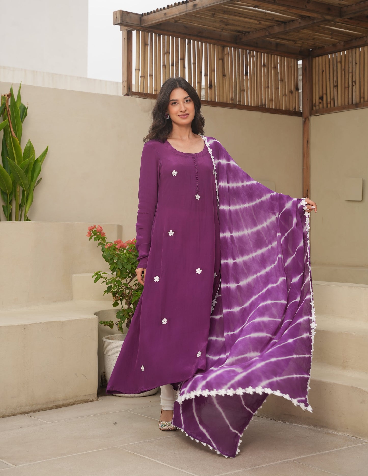 Lillian Purple Cotton Crush Straight Suit Set