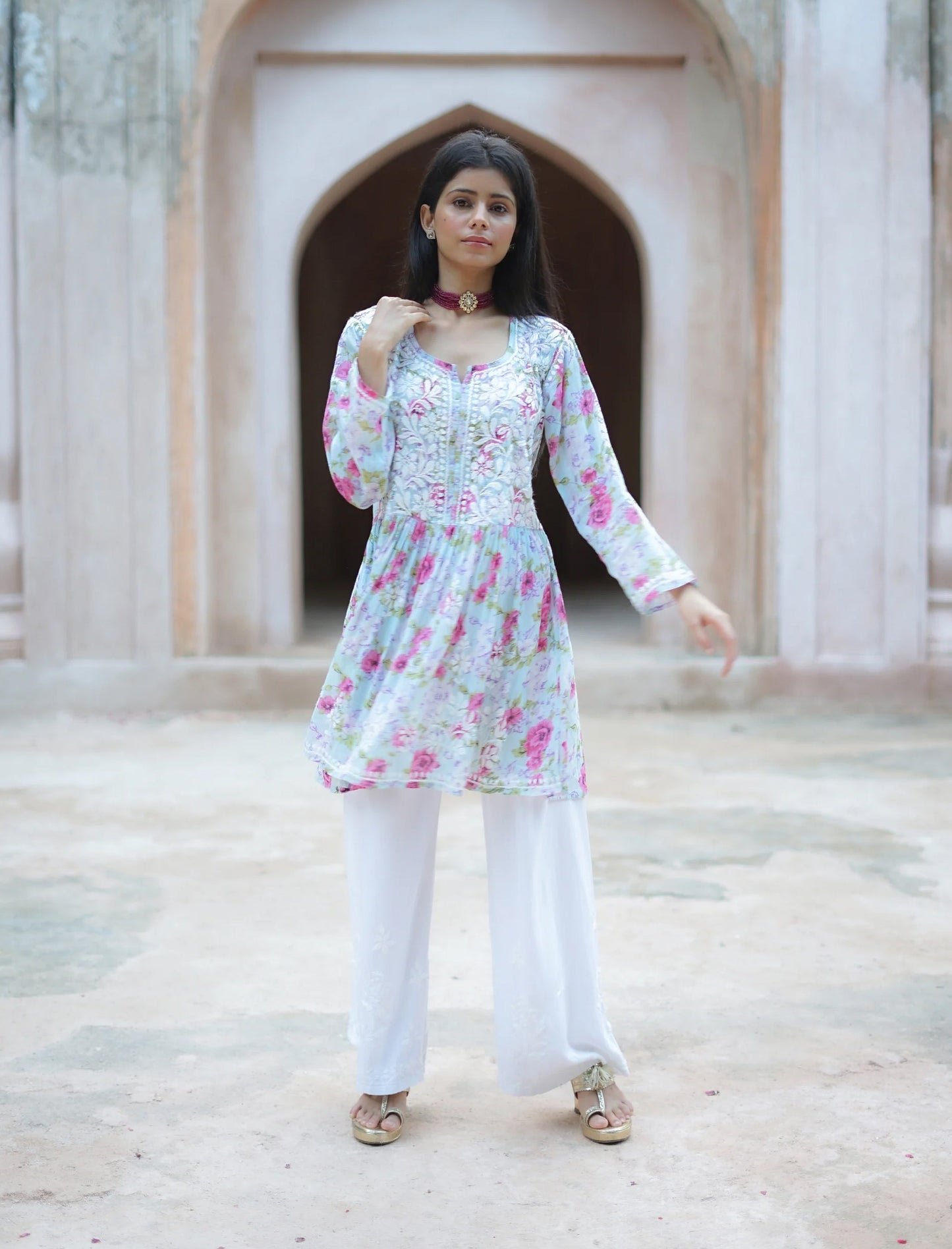 Fiza Flared Anakarli Short Printed Chikankari Kurta