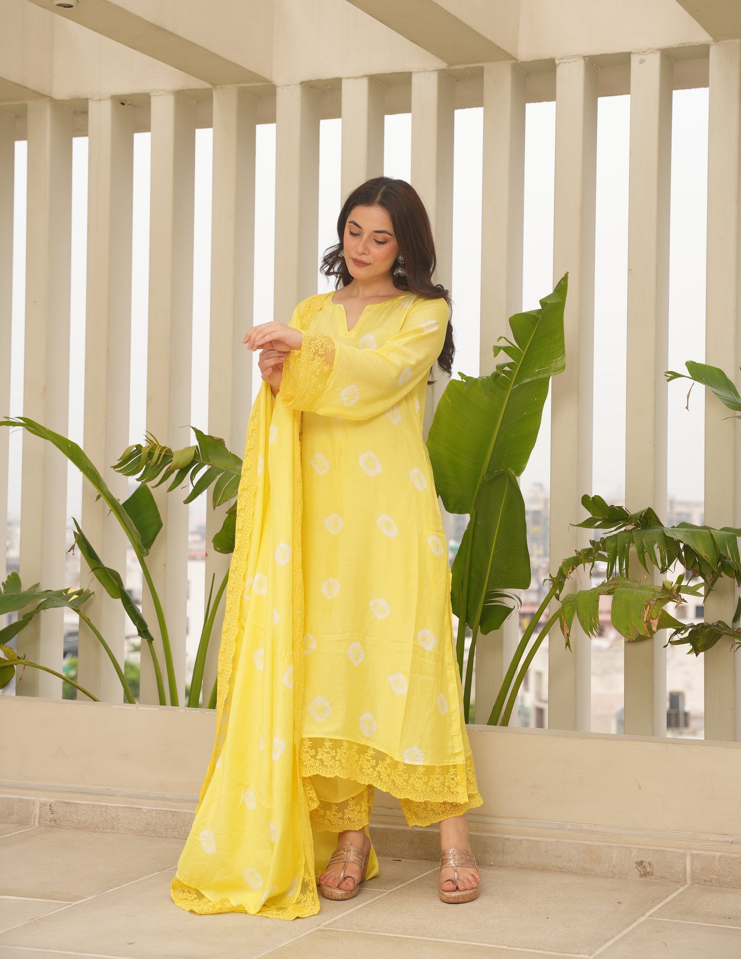 Yellow Hand-dyed Maslin Bandhej Suit Set