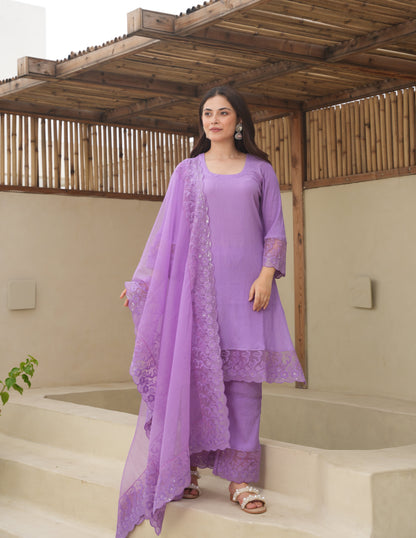 Lillian Purple Cotton Crush Straight Suit Set