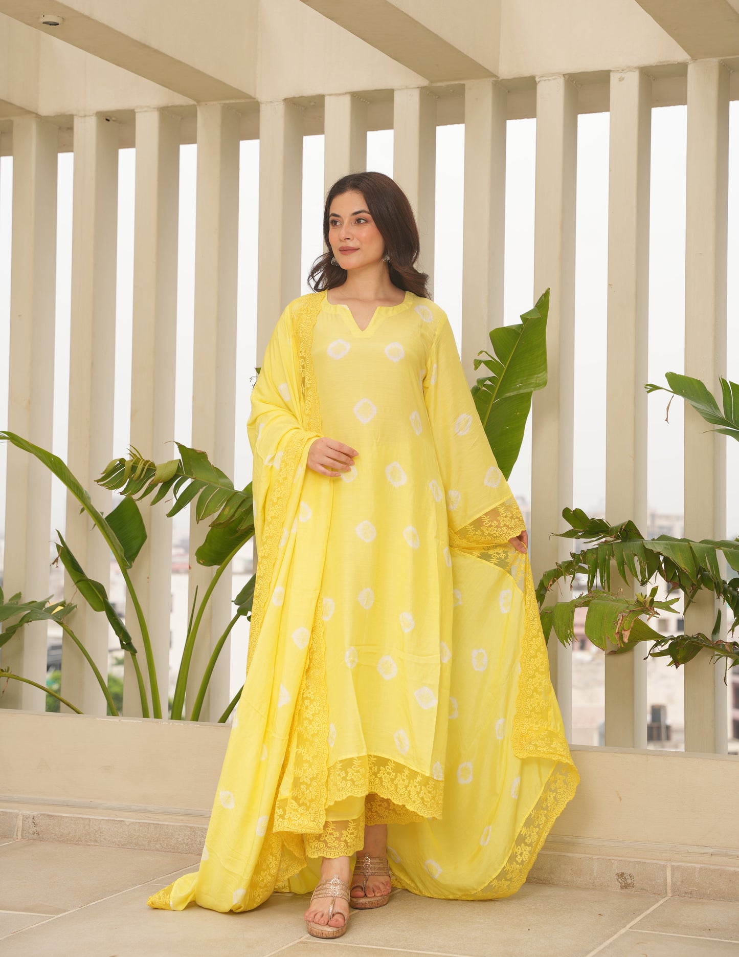 Yellow Hand-dyed Maslin Bandhej Suit Set