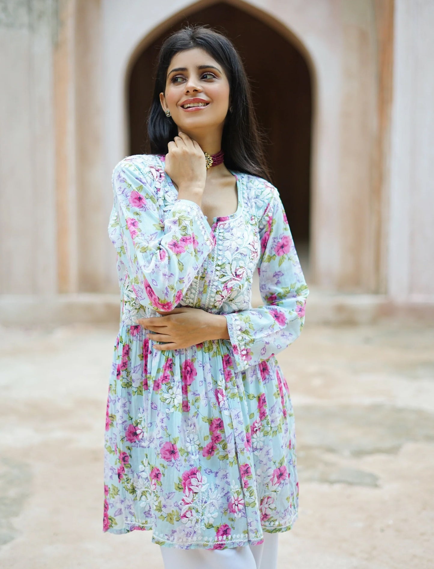 Fiza Flared Anakarli Short Printed Chikankari Kurta