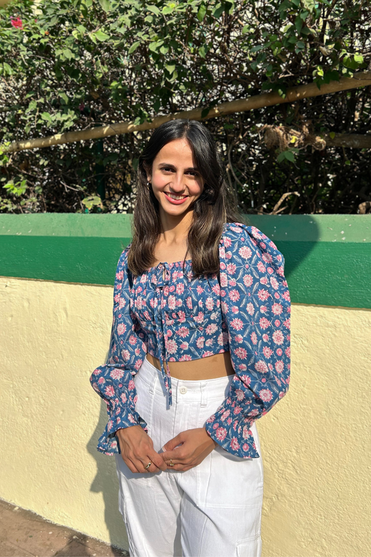 Pure Cotton Top in Blue & Pink Floral Print Full Sleeves Top