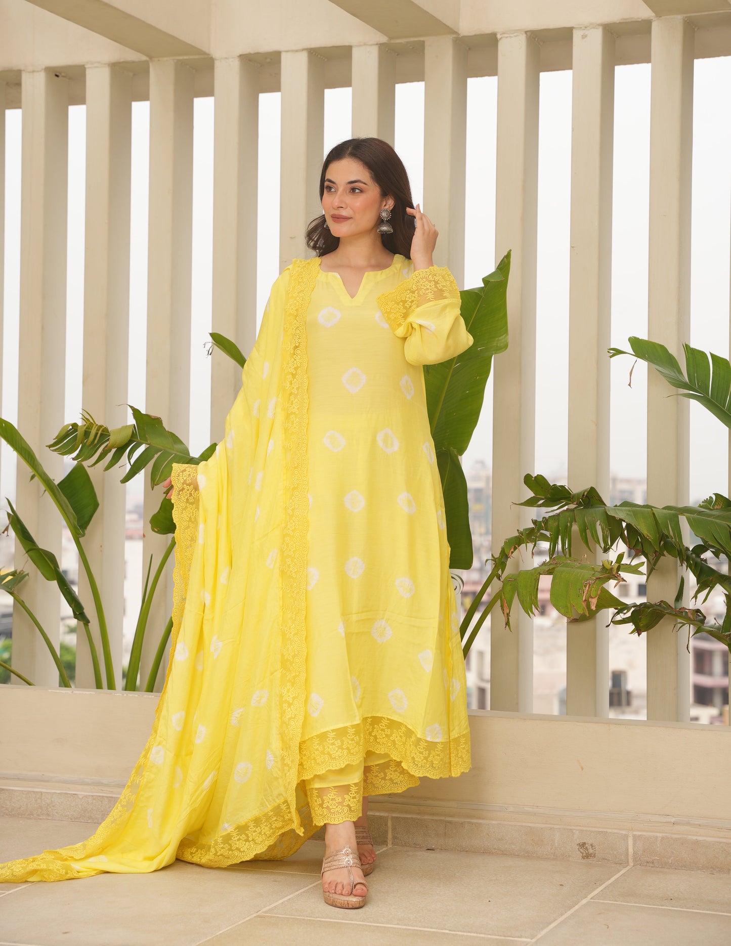 Yellow Hand-dyed Maslin Bandhej Suit Set