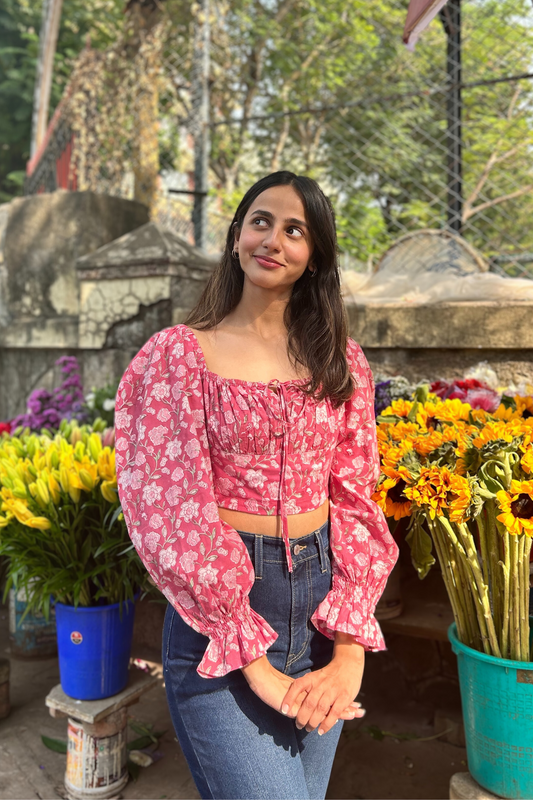 Full Sleeves Floral Pink Top With Back Smocking