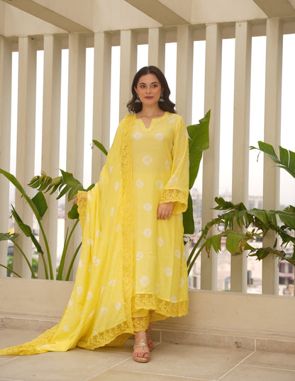 Yellow Hand-dyed Maslin Bandhej Suit Set