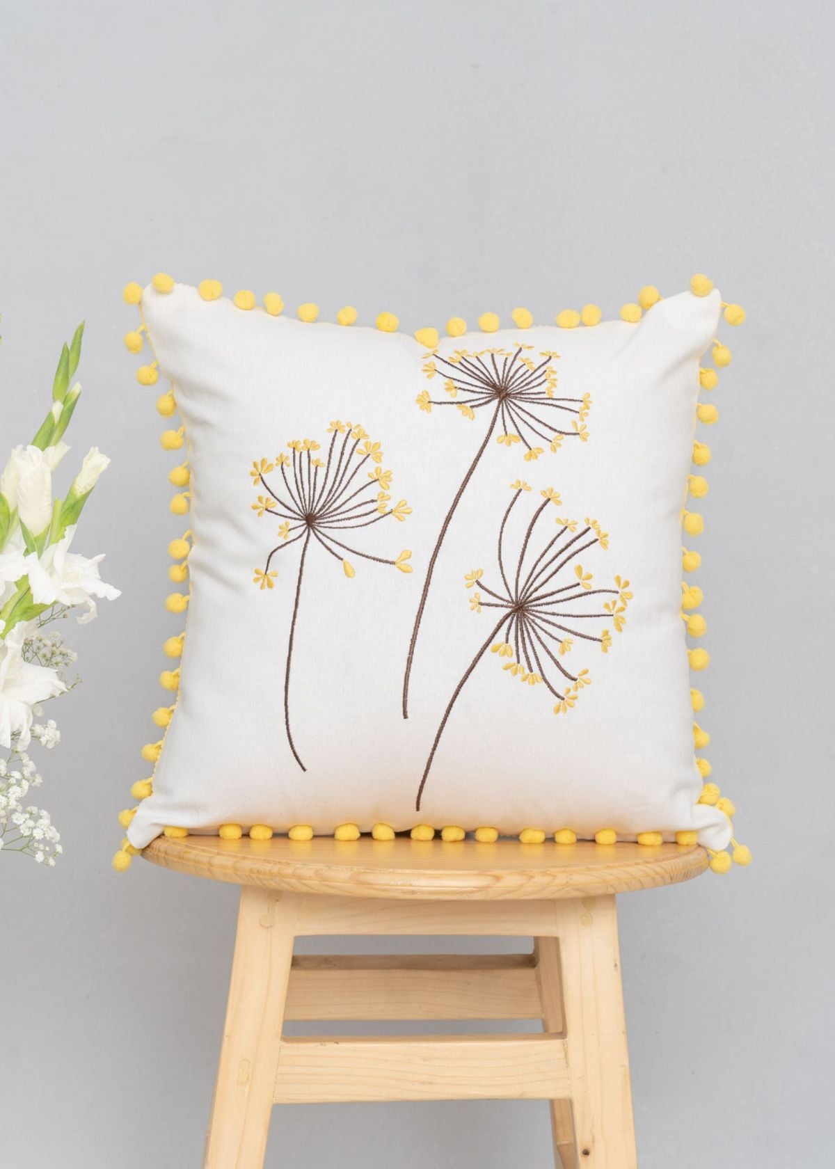 Dancing Dandelion Printed 100% Cotton Cushion Cover - White Yellow