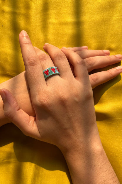 Red-Blue Heart Beaded Ring
