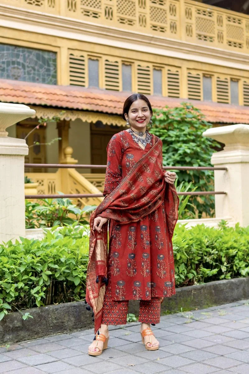 Mannat Madder Ajrakh Chanderi Silk Dupatta with Zari Patti