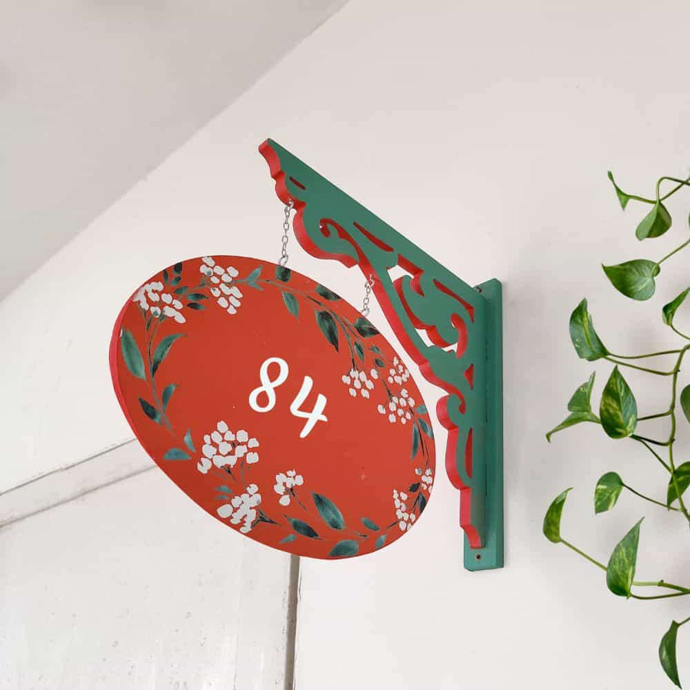 Handpainted Hanging Nameplate Red Oval White Flowers